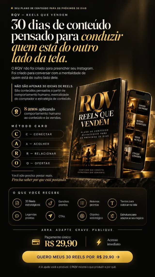 Arte oficial do RQV, Reels que Vendem: o material em destaque, o Método CARO, os itens incluídos e o preço de R$ 29,90